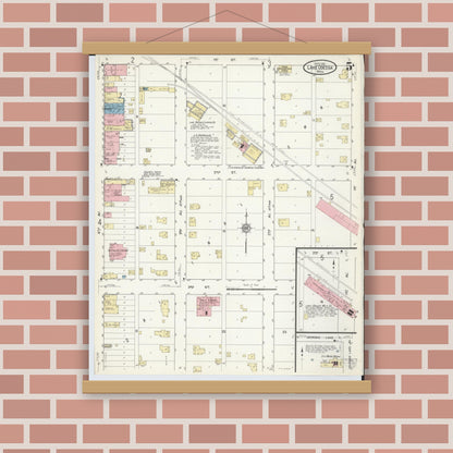 Old map wall art mockup — magnetic wood frame on brick wall — Sanborn Fire Insurance Map from Lake Odessa, Ionia County, Michigan (1912), Sheet #0005