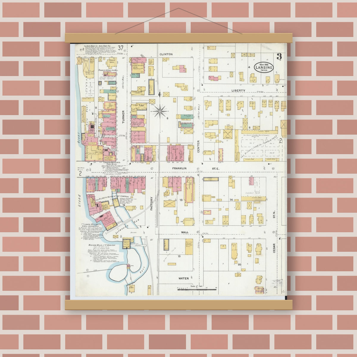Old map wall art mockup — magnetic wood frame on brick wall — Sanborn Fire Insurance Map from Lansing, Ingham County, Michigan (1906), Sheet #0003
