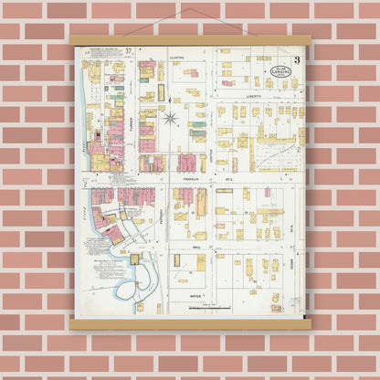 Old map wall art mockup — magnetic wood frame on brick wall — Sanborn Fire Insurance Map from Lansing, Ingham County, Michigan (1906), Sheet #0003