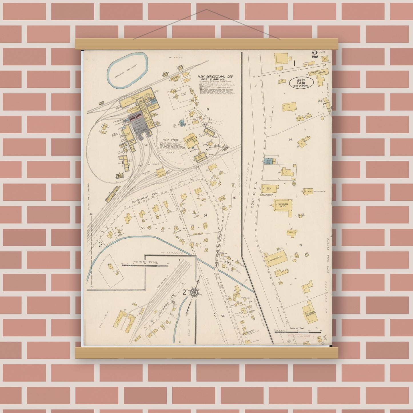 Old map wall art mockup — magnetic wood frame on brick wall — Sanborn Fire Insurance Map from Paia, Maui County, Hawaii (1914), Sheet #0002