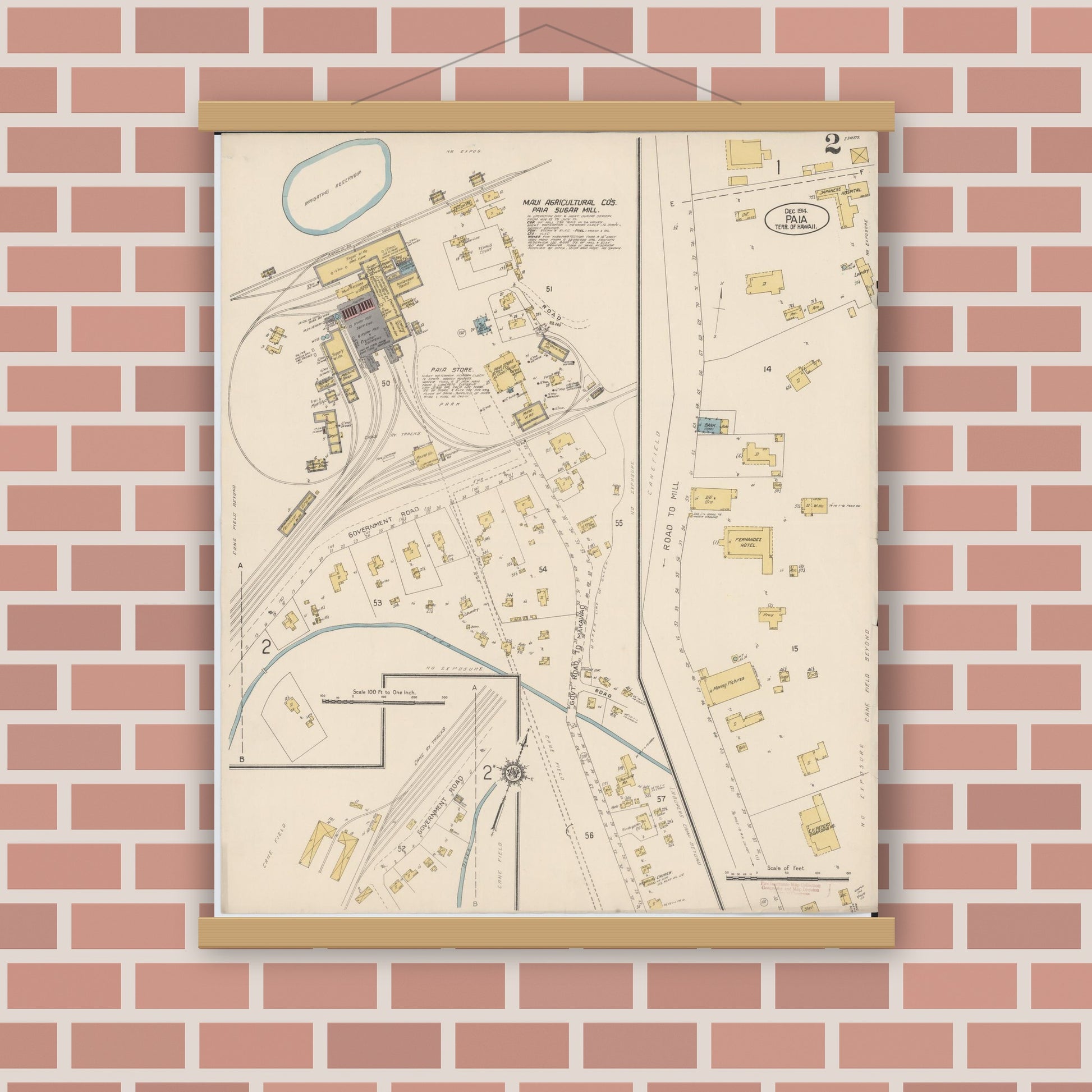 Old map wall art mockup — magnetic wood frame on brick wall — Sanborn Fire Insurance Map from Paia, Maui County, Hawaii (1914), Sheet #0002