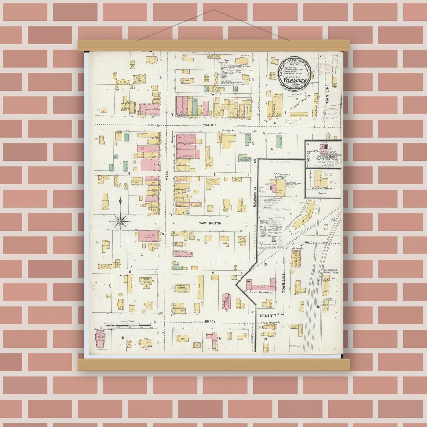 Old map wall art mockup — magnetic wood frame on brick wall — Sanborn Fire Insurance Map from Vicksburg, Kalamazoo County, Michigan (1899), Sheet #0001