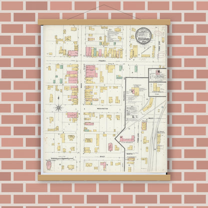 Old map wall art mockup — magnetic wood frame on brick wall — Sanborn Fire Insurance Map from Vicksburg, Kalamazoo County, Michigan (1899), Sheet #0001
