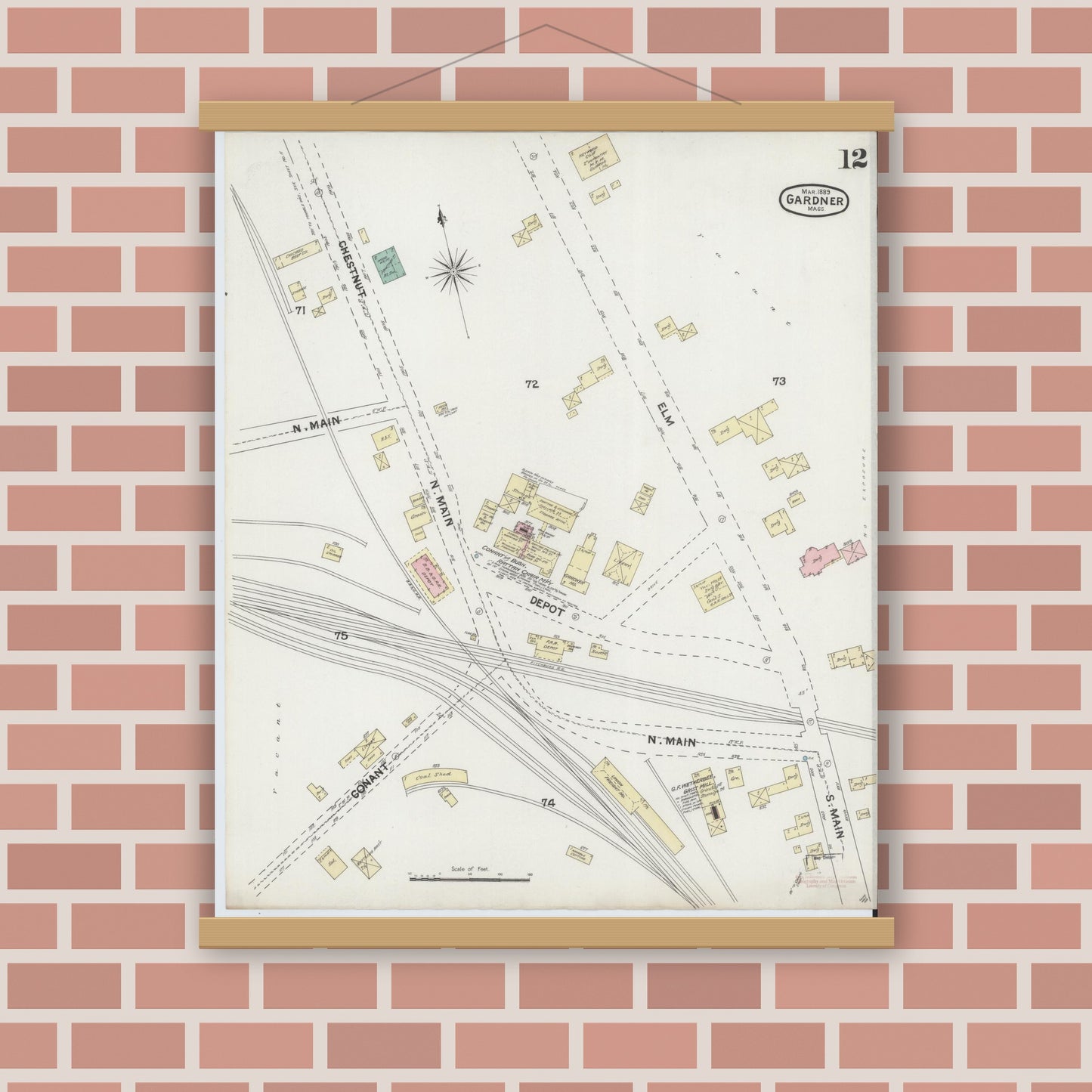 Old map wall art mockup — magnetic wood frame on brick wall — Sanborn Fire Insurance Map from Gardner, Worcester County, Massachusetts (1889), Sheet #0012