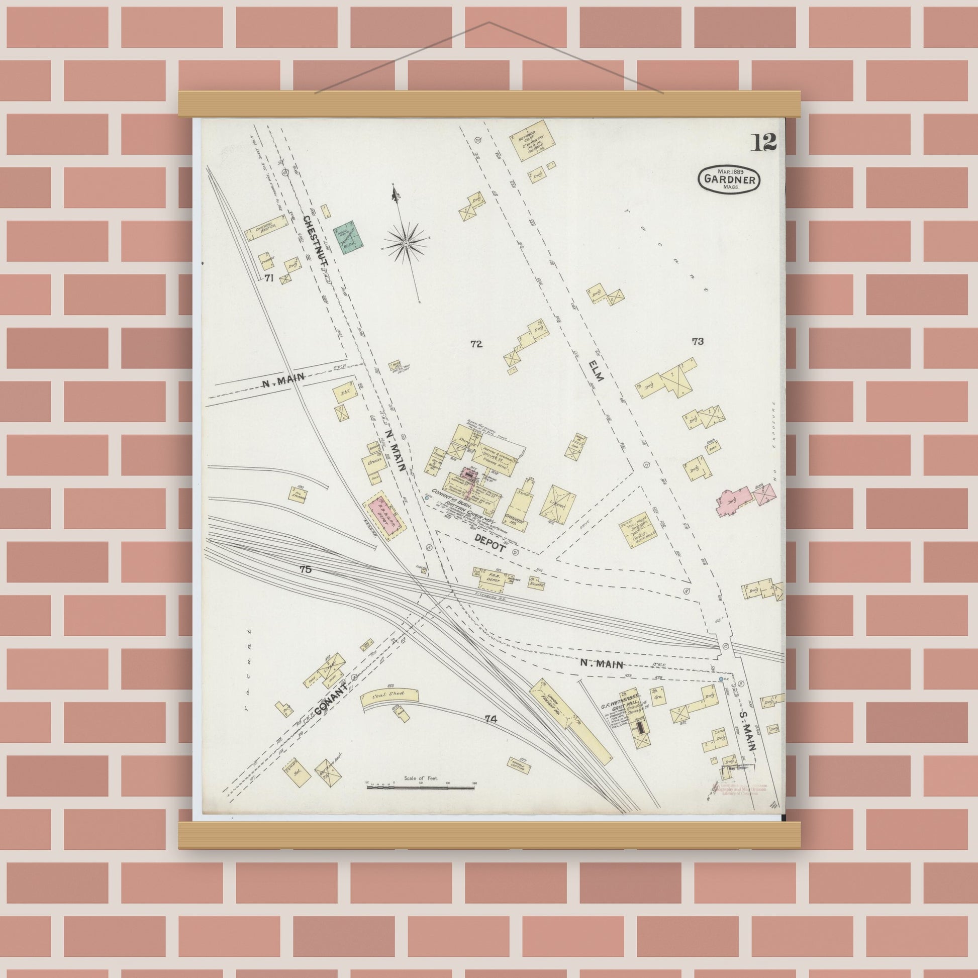 Old map wall art mockup — magnetic wood frame on brick wall — Sanborn Fire Insurance Map from Gardner, Worcester County, Massachusetts (1889), Sheet #0012