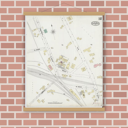 Old map wall art mockup — magnetic wood frame on brick wall — Sanborn Fire Insurance Map from Gardner, Worcester County, Massachusetts (1889), Sheet #0012