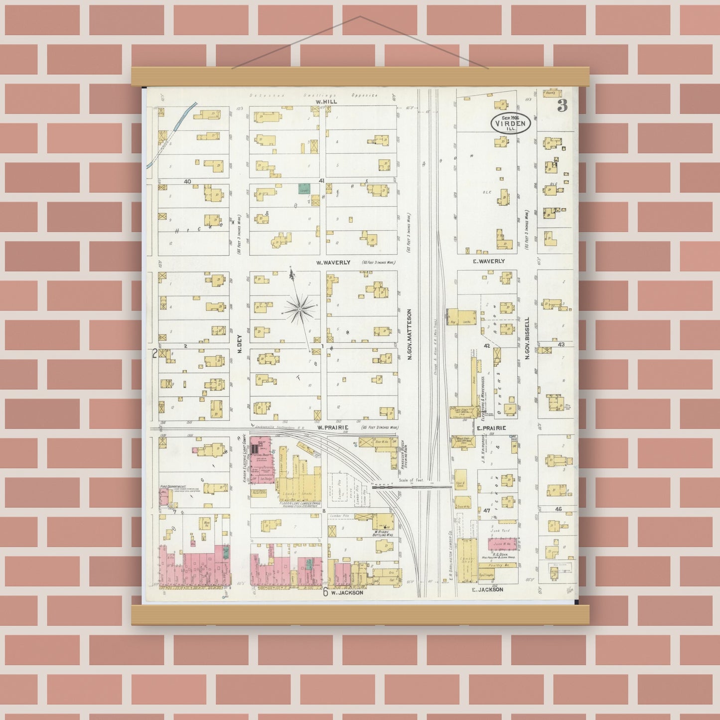 Old map wall art mockup — magnetic wood frame on brick wall — Sanborn Fire Insurance Map from Virden, Macoupin County, Illinois (1906), Sheet #0003