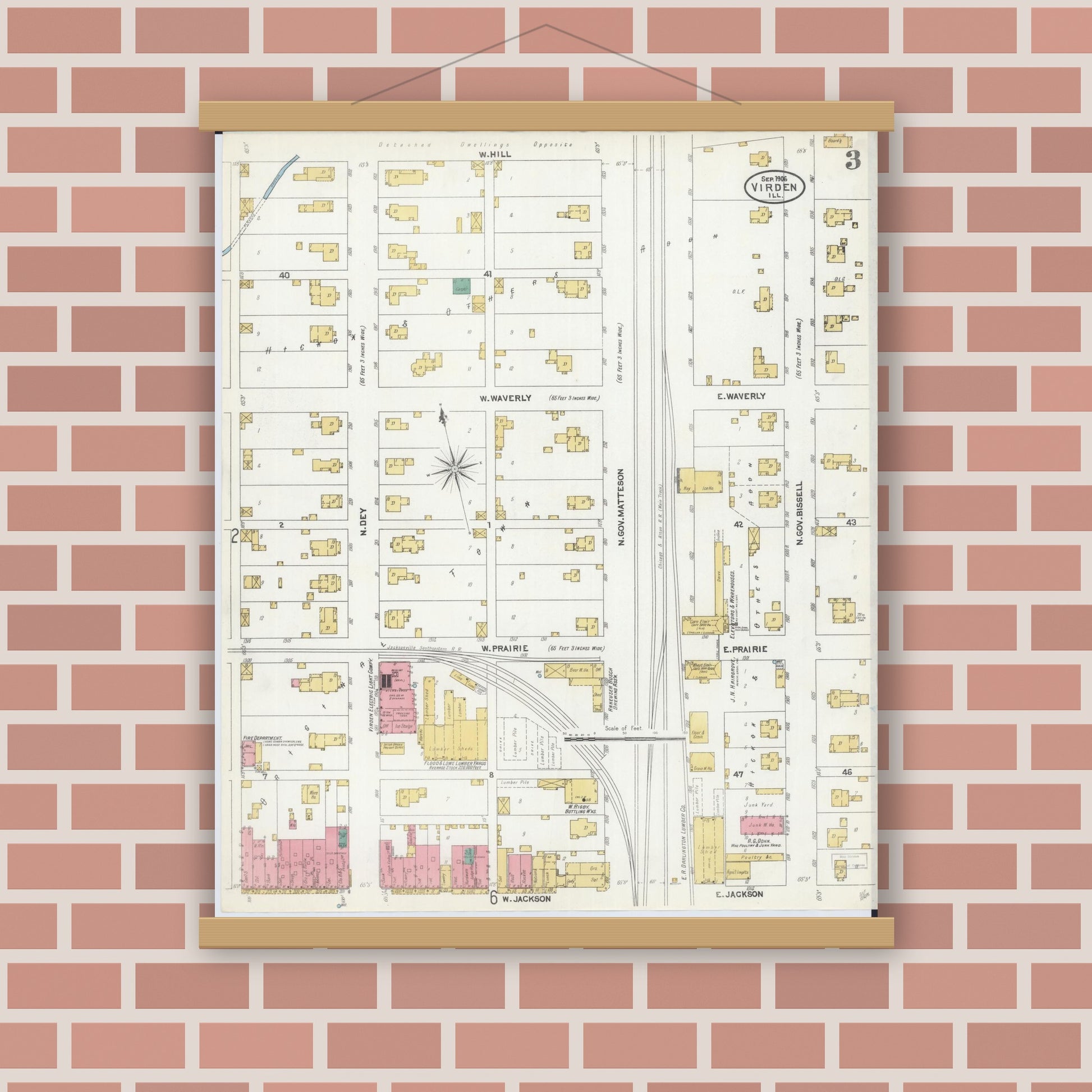 Old map wall art mockup — magnetic wood frame on brick wall — Sanborn Fire Insurance Map from Virden, Macoupin County, Illinois (1906), Sheet #0003