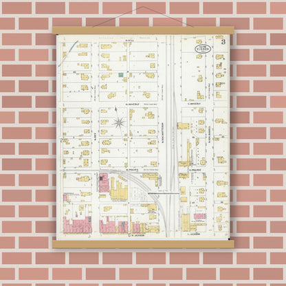Old map wall art mockup — magnetic wood frame on brick wall — Sanborn Fire Insurance Map from Virden, Macoupin County, Illinois (1906), Sheet #0003