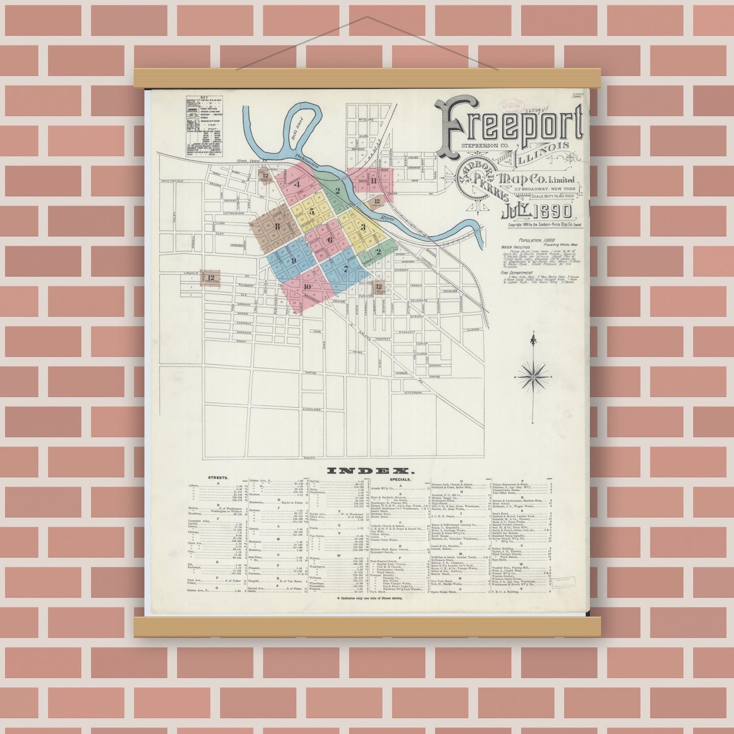 Old map wall art mockup — magnetic wood frame on brick wall — Sanborn Fire Insurance Map from Freeport, Stephenson County, Illinois (1890) - Complete Map Set
