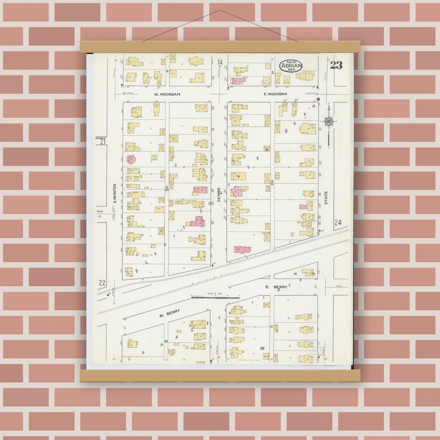 Old map wall art mockup — magnetic wood frame on brick wall — Sanborn Fire Insurance Map from Adrian, Lenawee County, Michigan (1916), Sheet #0023