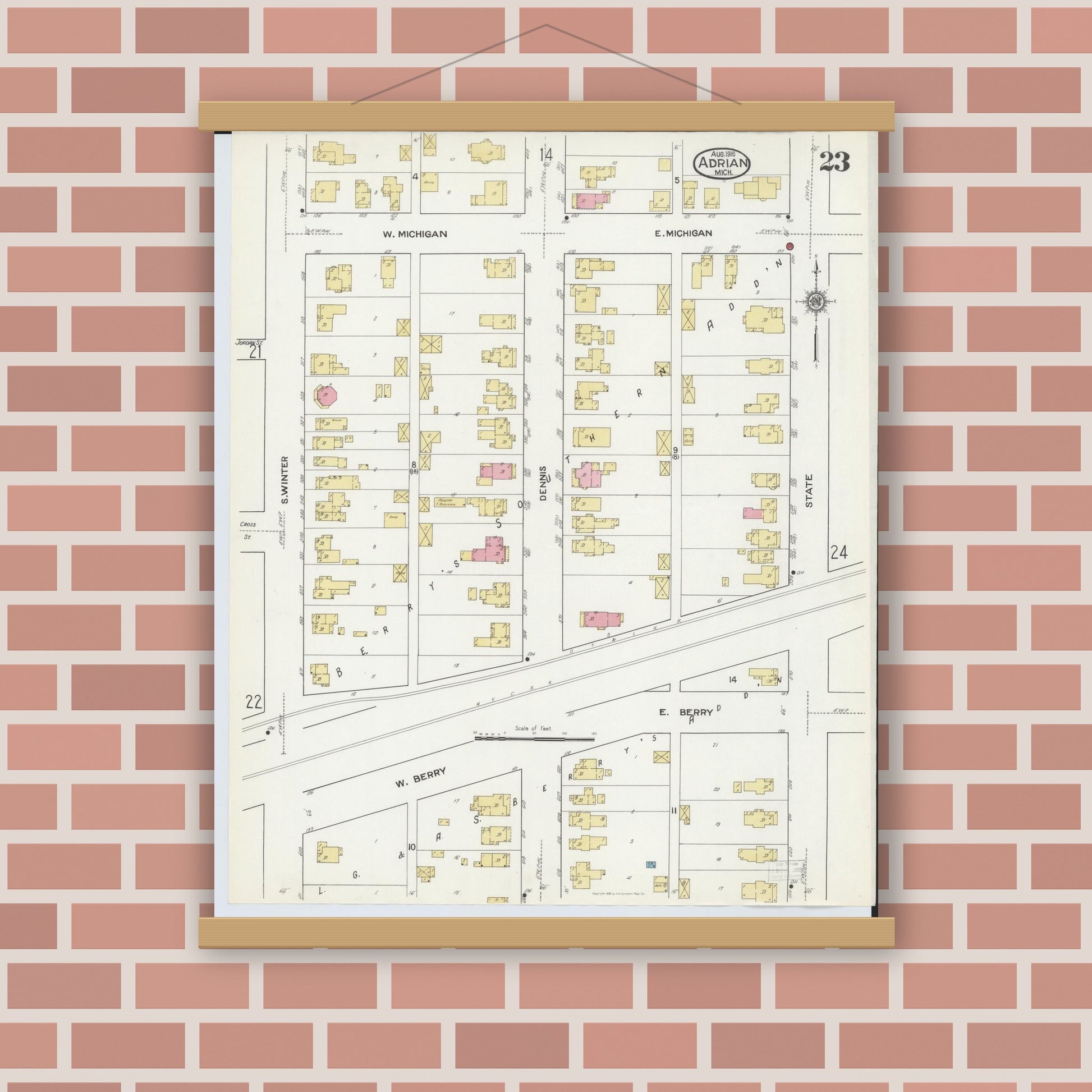 Old map wall art mockup — magnetic wood frame on brick wall — Sanborn Fire Insurance Map from Adrian, Lenawee County, Michigan (1916), Sheet #0023