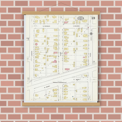 Old map wall art mockup — magnetic wood frame on brick wall — Sanborn Fire Insurance Map from Adrian, Lenawee County, Michigan (1916), Sheet #0023
