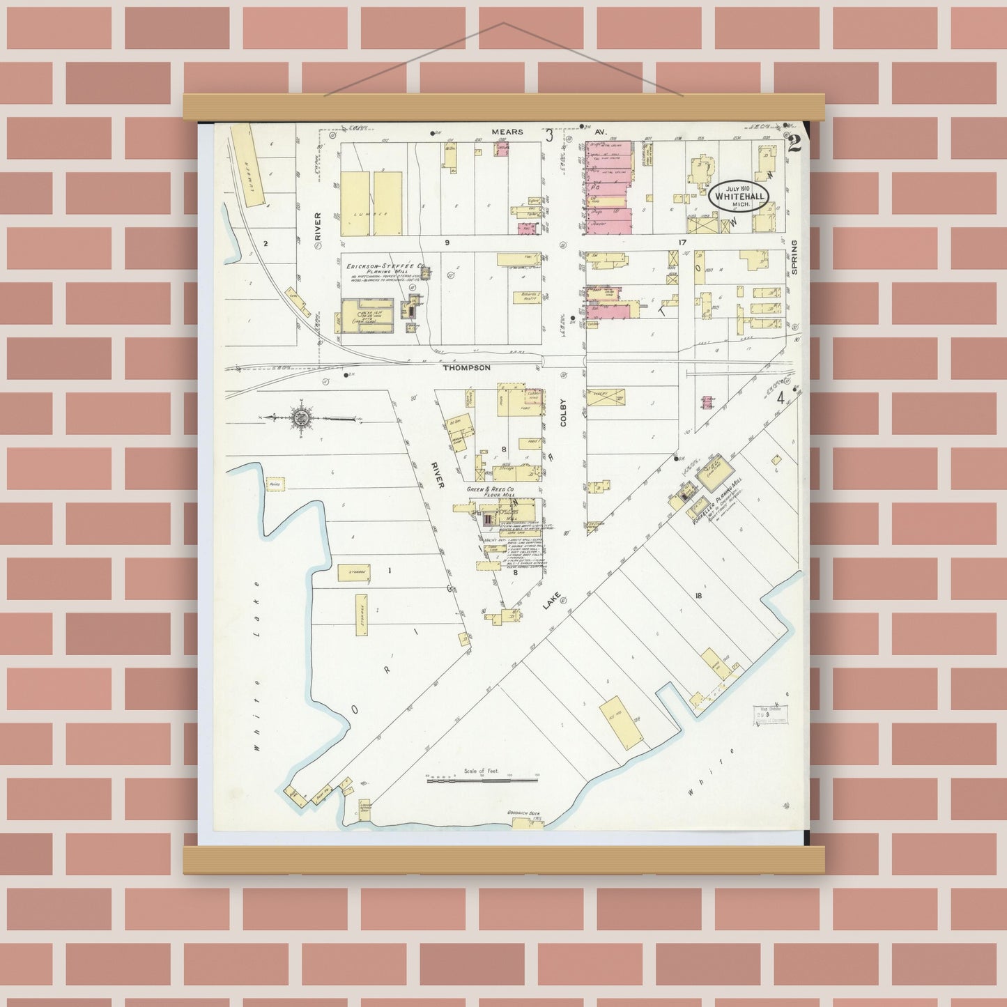Old map wall art mockup — magnetic wood frame on brick wall — Sanborn Fire Insurance Map from Whitehall, Muskegon County, Michigan (1910), Sheet #0002