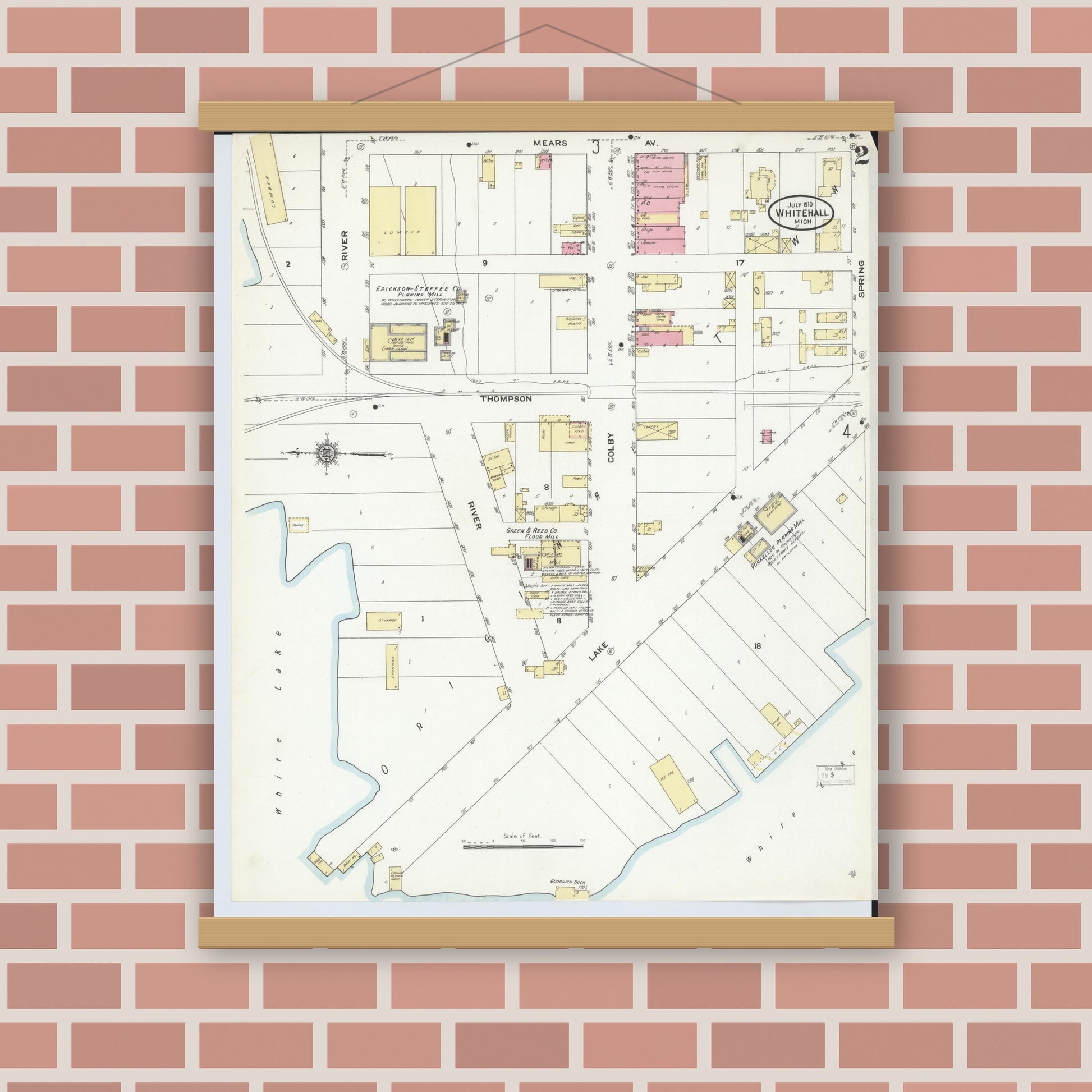 Old map wall art mockup — magnetic wood frame on brick wall — Sanborn Fire Insurance Map from Whitehall, Muskegon County, Michigan (1910), Sheet #0002