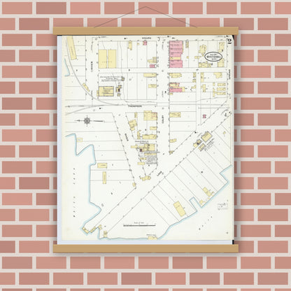 Old map wall art mockup — magnetic wood frame on brick wall — Sanborn Fire Insurance Map from Whitehall, Muskegon County, Michigan (1910), Sheet #0002