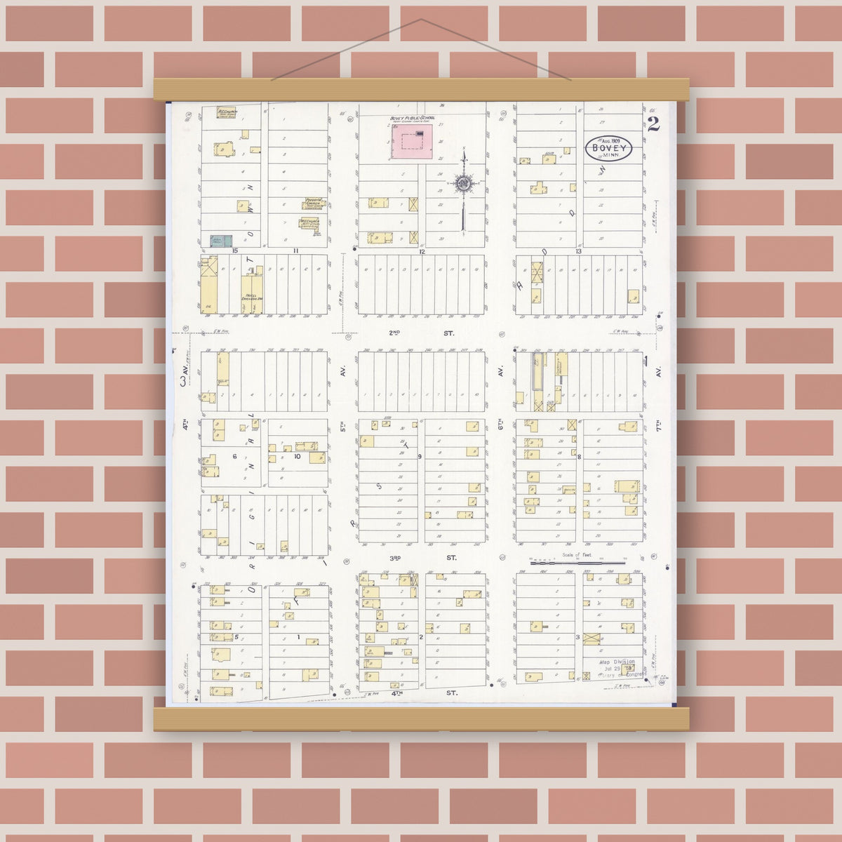 Old map wall art mockup — magnetic wood frame on brick wall — Sanborn Fire Insurance Map from Bovey, Itasca County, Minnesota (1909), Sheet #0002