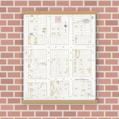 Old map wall art mockup — magnetic wood frame on brick wall — Sanborn Fire Insurance Map from Bovey, Itasca County, Minnesota (1909), Sheet #0002
