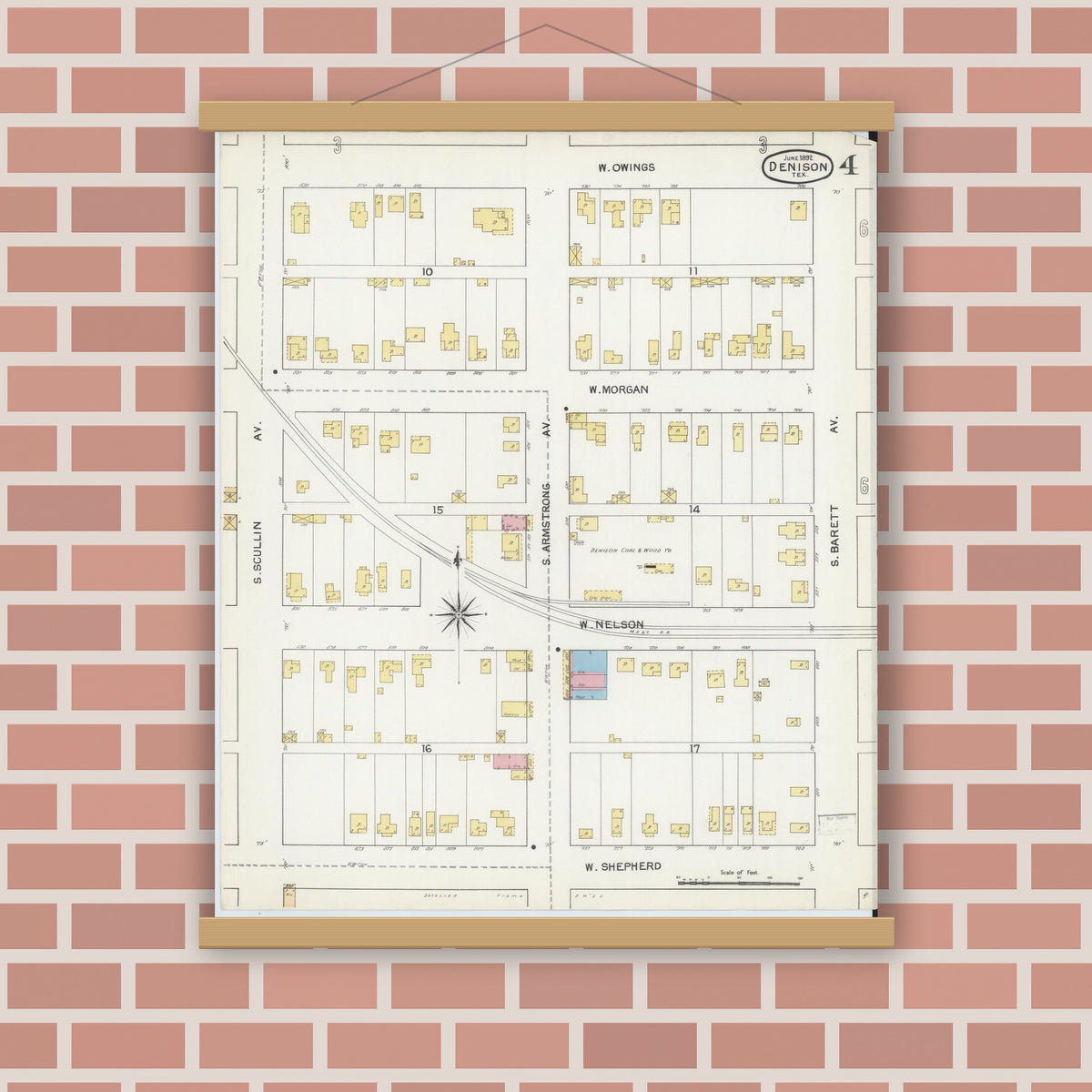 Old map wall art mockup — magnetic wood frame on brick wall — Sanborn Fire Insurance Map from Denison, Grayson County, Texas (1892), Sheet #0004