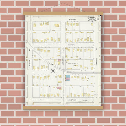 Old map wall art mockup — magnetic wood frame on brick wall — Sanborn Fire Insurance Map from Denison, Grayson County, Texas (1892), Sheet #0004