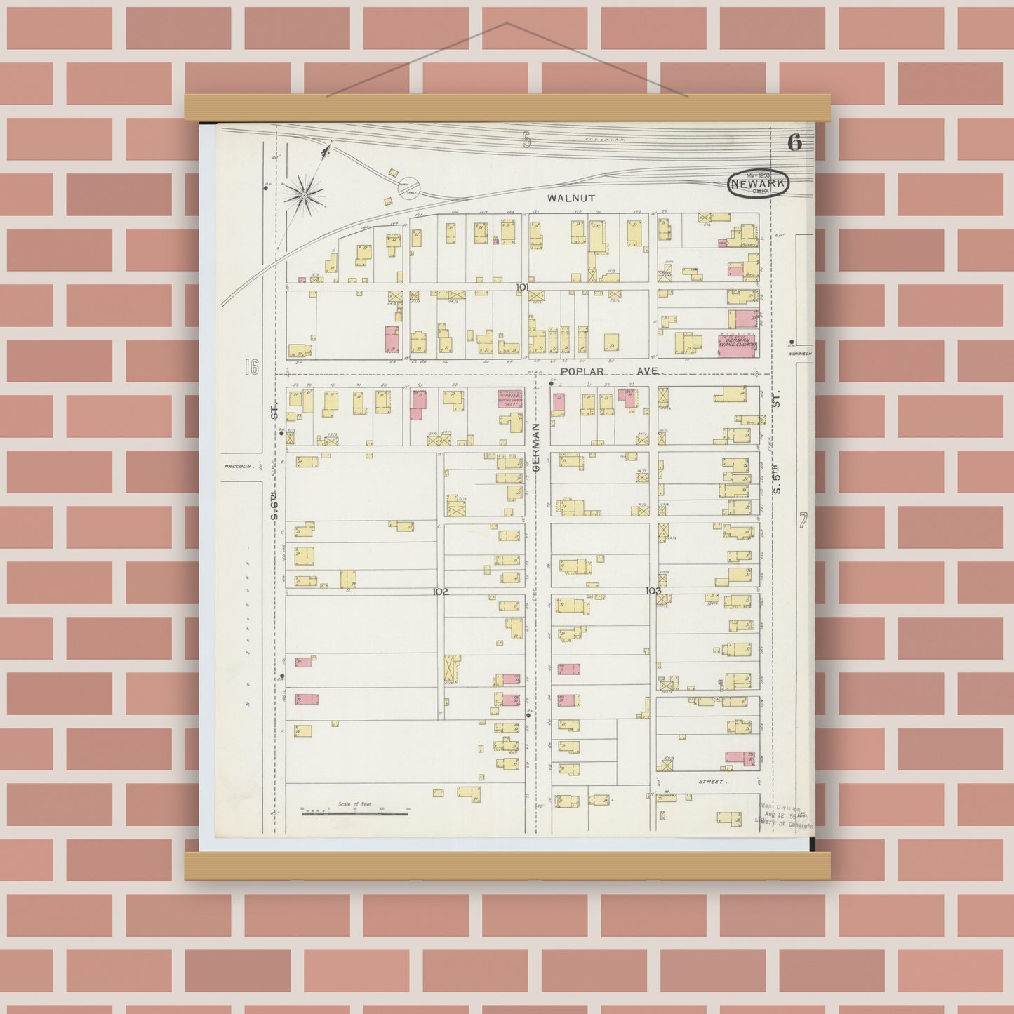 Old map wall art mockup — magnetic wood frame on brick wall — Sanborn Fire Insurance Map from Newark, Licking County, Ohio (1893), Sheet #0006