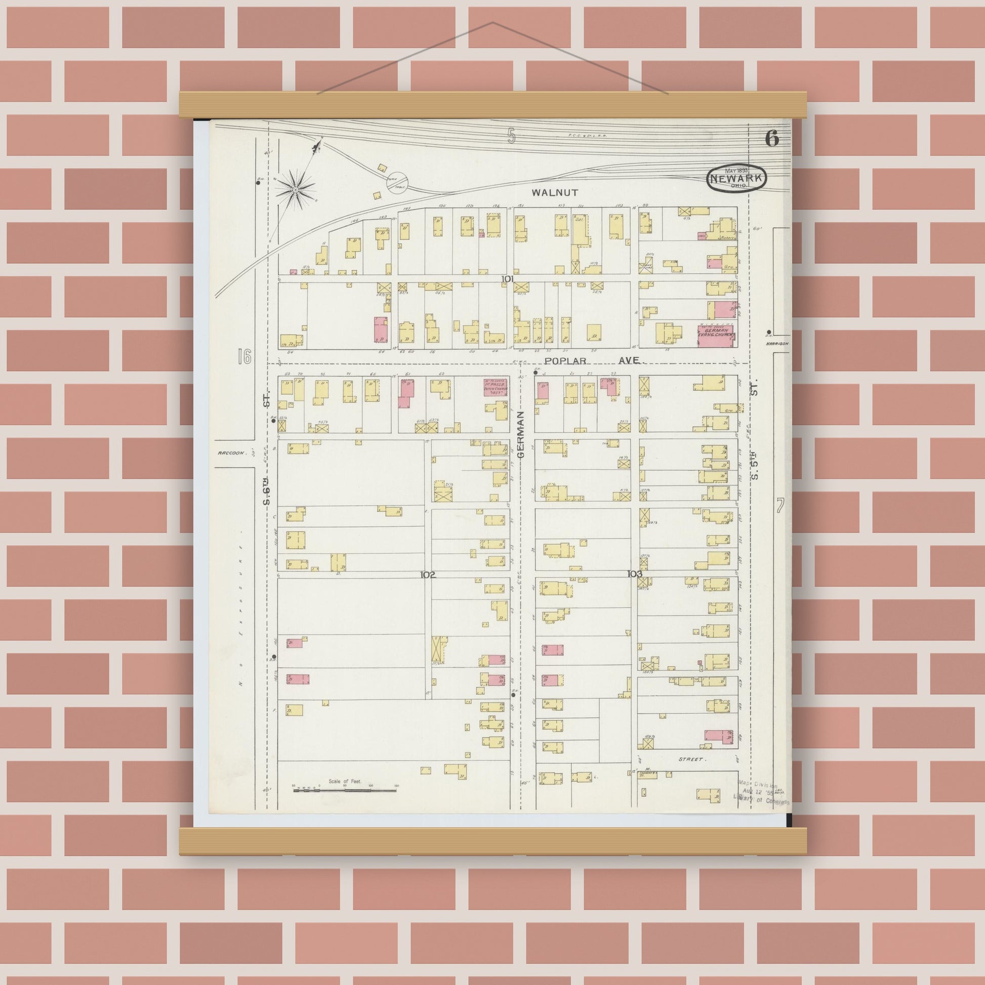Old map wall art mockup — magnetic wood frame on brick wall — Sanborn Fire Insurance Map from Newark, Licking County, Ohio (1893), Sheet #0006