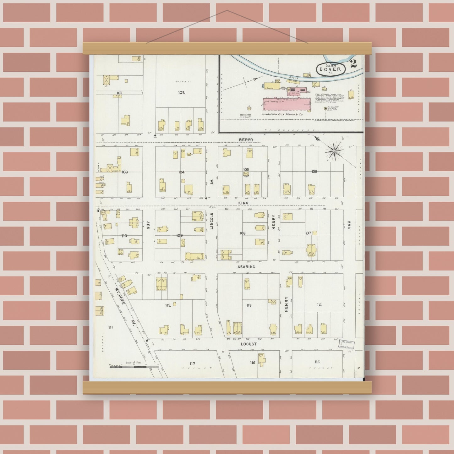 Old map wall art mockup — magnetic wood frame on brick wall — Sanborn Fire Insurance Map from Dover, Morris County, New Jersey (1896), Sheet #0002