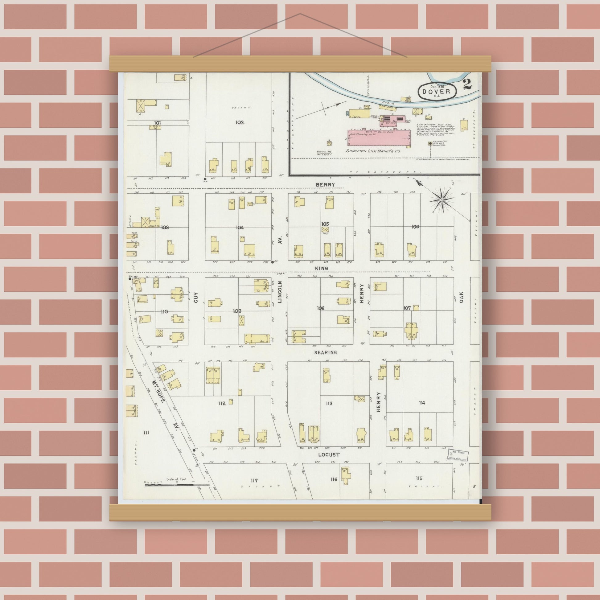 Old map wall art mockup — magnetic wood frame on brick wall — Sanborn Fire Insurance Map from Dover, Morris County, New Jersey (1896), Sheet #0002