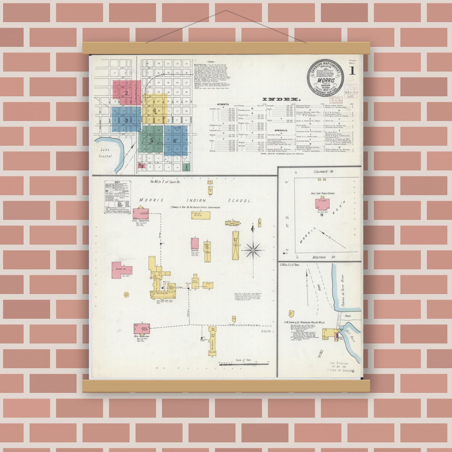 Old map wall art mockup — magnetic wood frame on brick wall — Sanborn Fire Insurance Map from Morris, Stevens County, Minnesota (1902), Sheet #0001