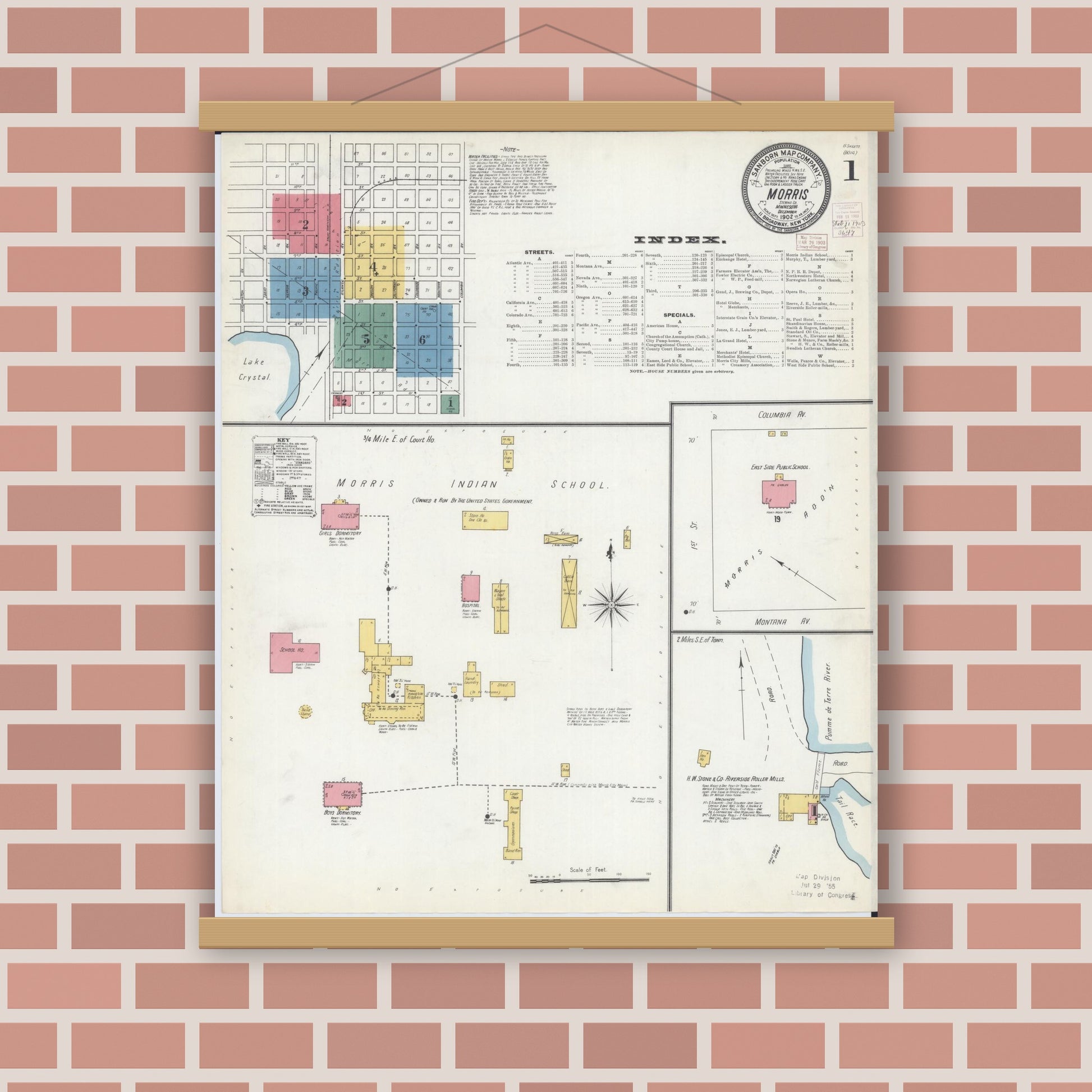 Old map wall art mockup — magnetic wood frame on brick wall — Sanborn Fire Insurance Map from Morris, Stevens County, Minnesota (1902), Sheet #0001