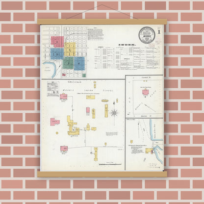 Old map wall art mockup — magnetic wood frame on brick wall — Sanborn Fire Insurance Map from Morris, Stevens County, Minnesota (1902), Sheet #0001