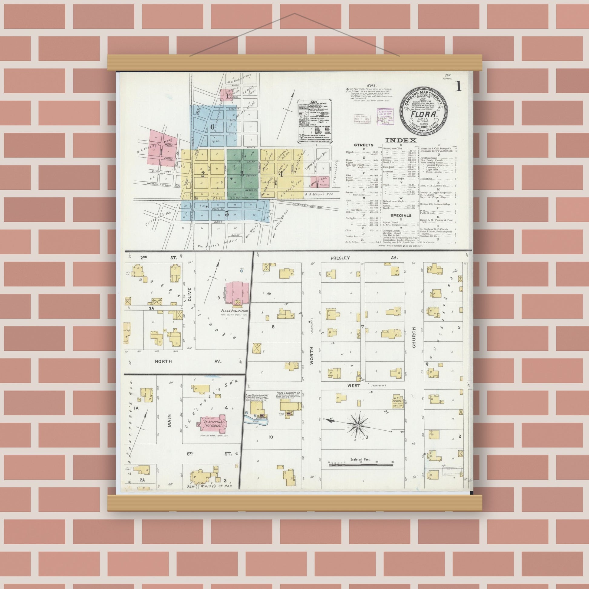 Old map wall art mockup — magnetic wood frame on brick wall — Sanborn Fire Insurance Map from Flora, Clay County, Illinois (1906), Sheet #0001