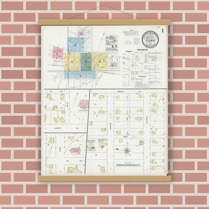 Old map wall art mockup — magnetic wood frame on brick wall — Sanborn Fire Insurance Map from Flora, Clay County, Illinois (1906), Sheet #0001