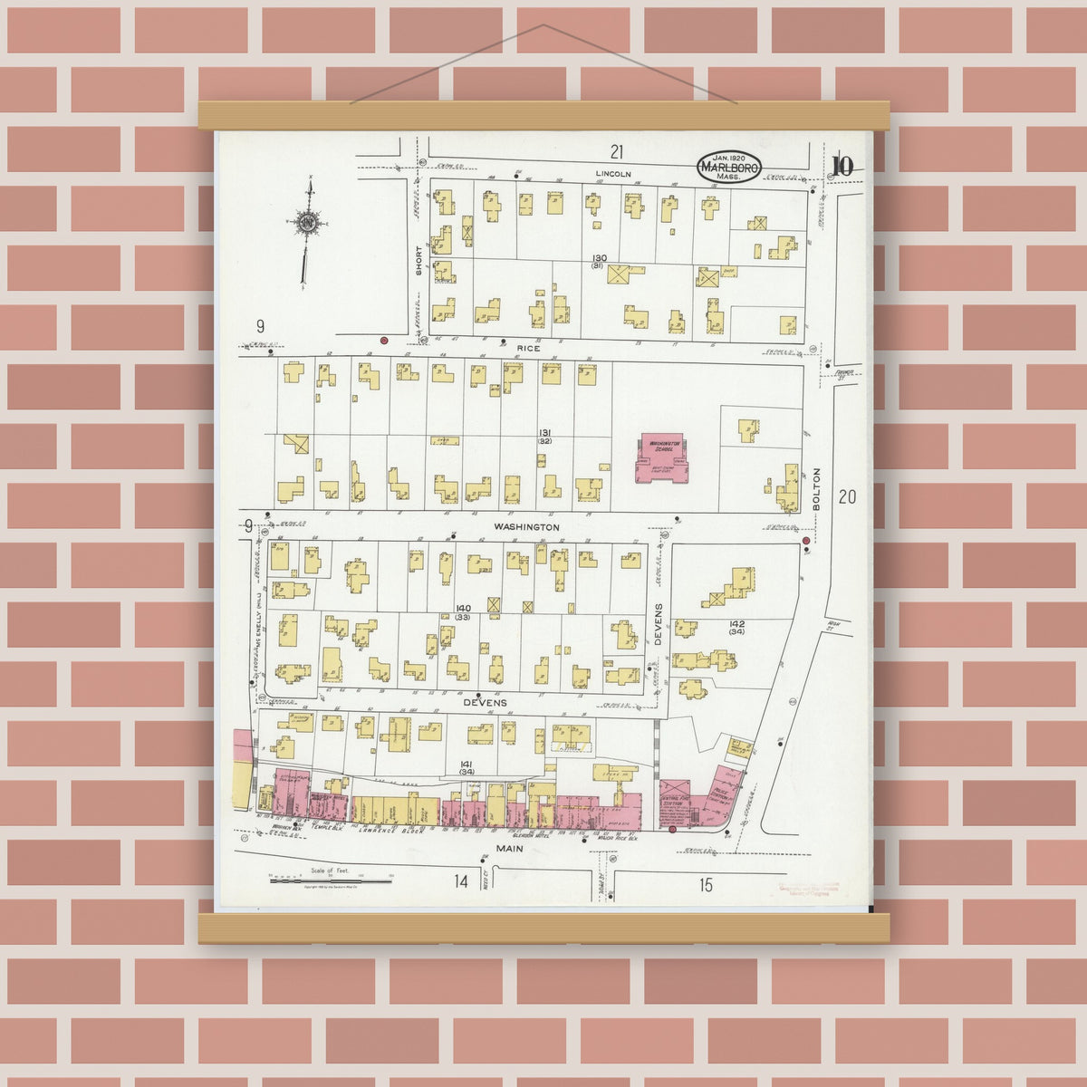 Old map wall art mockup — magnetic wood frame on brick wall — Sanborn Fire Insurance Map from Marlborough, Middlesex County, Massachusetts (1920), Sheet #0010