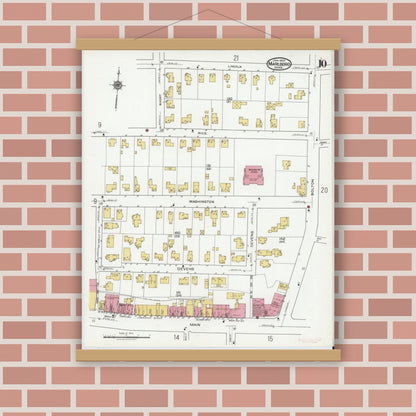 Old map wall art mockup — magnetic wood frame on brick wall — Sanborn Fire Insurance Map from Marlborough, Middlesex County, Massachusetts (1920), Sheet #0010
