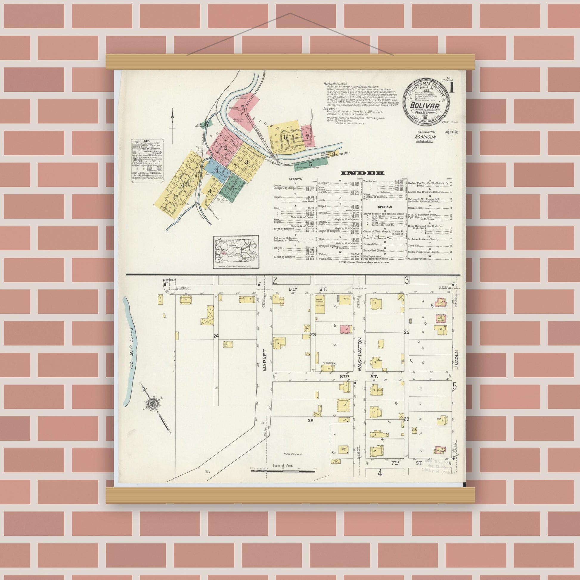 Old map wall art mockup — magnetic wood frame on brick wall — Sanborn Fire Insurance Map from Bolivar, Westmoreland County, Pennsylvania (1915), Sheet #0001