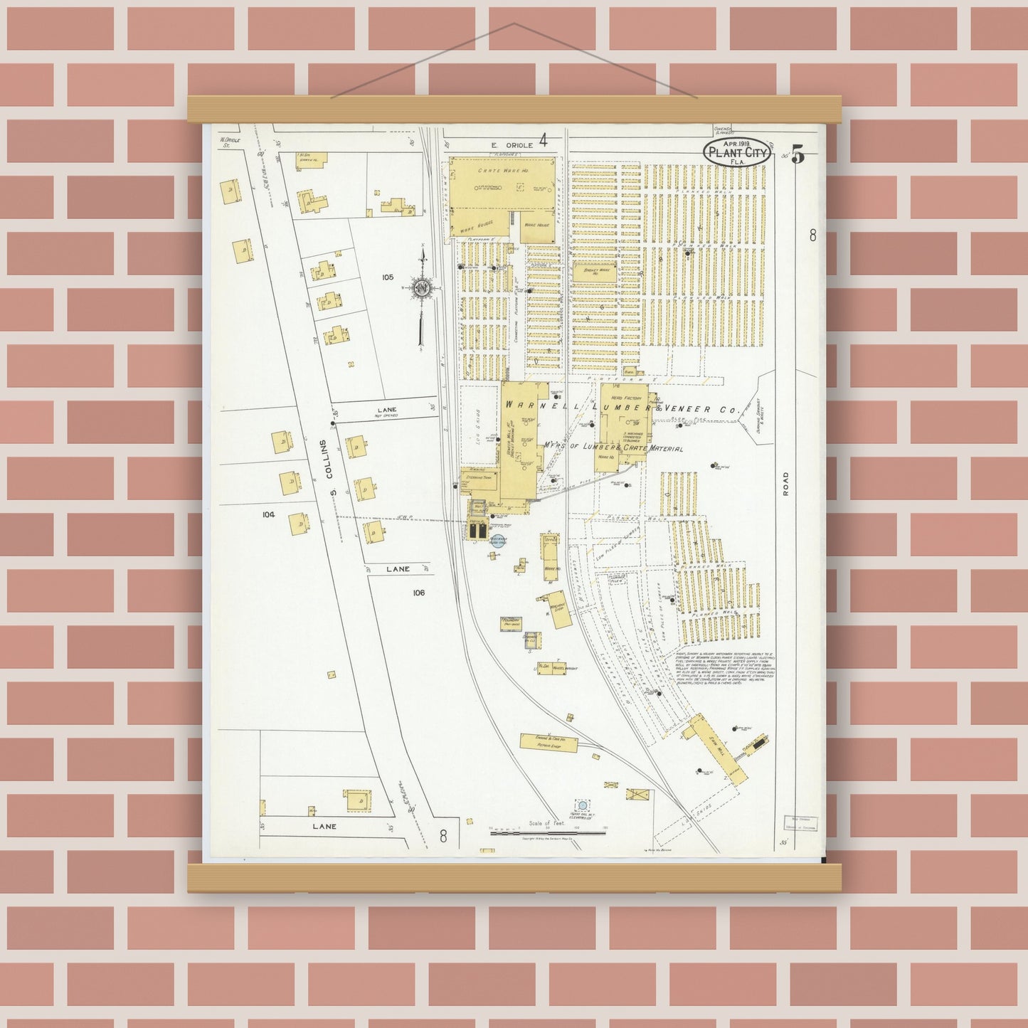 Old map wall art mockup — magnetic wood frame on brick wall — Sanborn Fire Insurance Map from Plant City, Hillborough County, Florida (1919), Sheet #0005