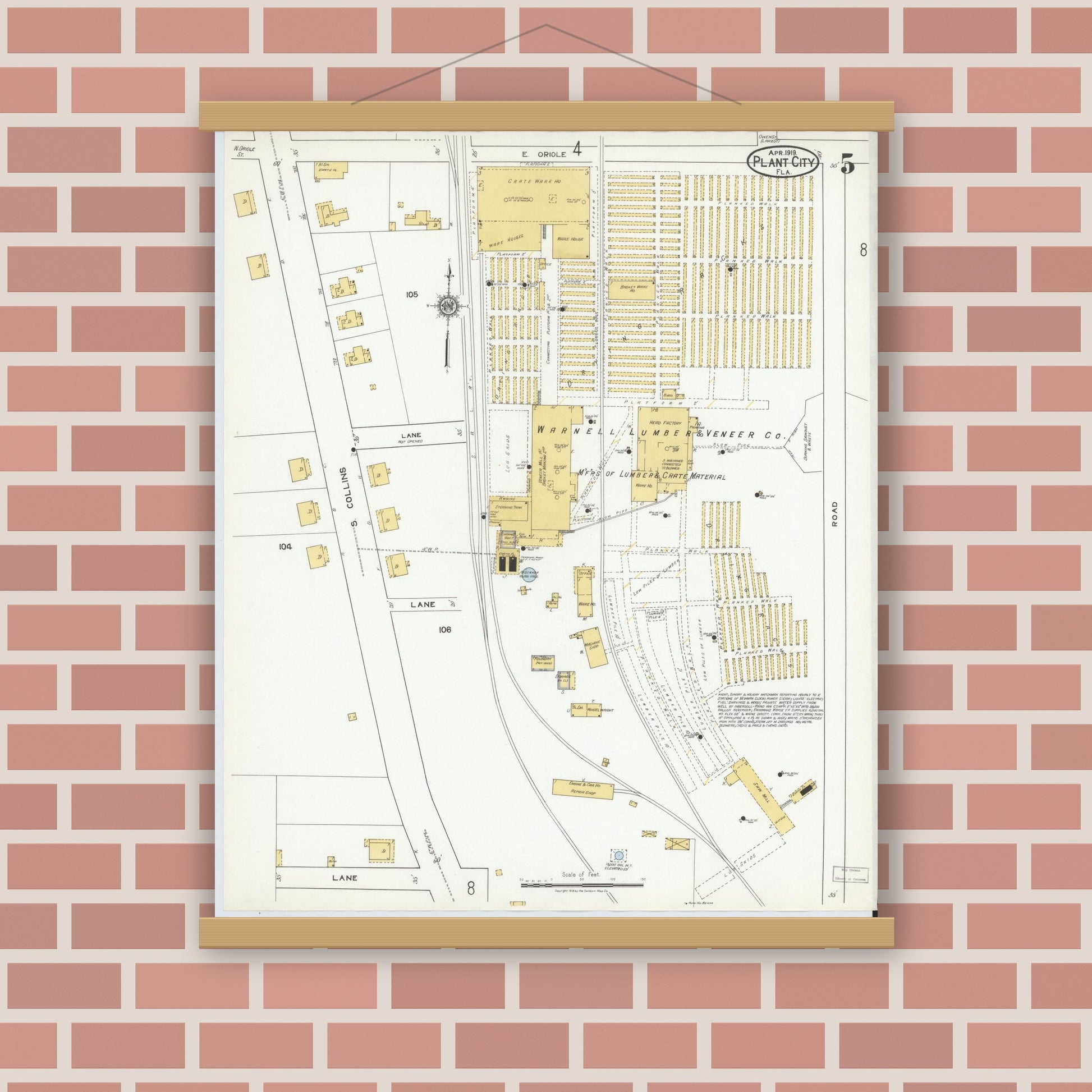 Old map wall art mockup — magnetic wood frame on brick wall — Sanborn Fire Insurance Map from Plant City, Hillborough County, Florida (1919), Sheet #0005