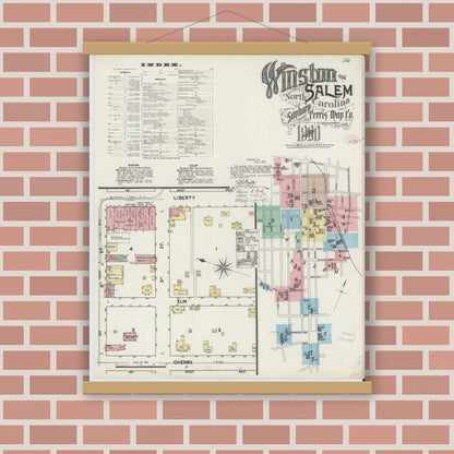 Old map wall art mockup — magnetic wood frame on brick wall — Sanborn Fire Insurance Map from Winston-Salem, Forsyth County, North Carolina (1890) - Complete Map Set