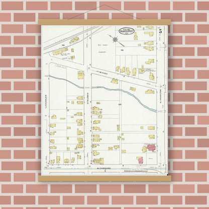 Old map wall art mockup — magnetic wood frame on brick wall — Sanborn Fire Insurance Map from Painted Post, Steuben County, New York (1921), Sheet #0005