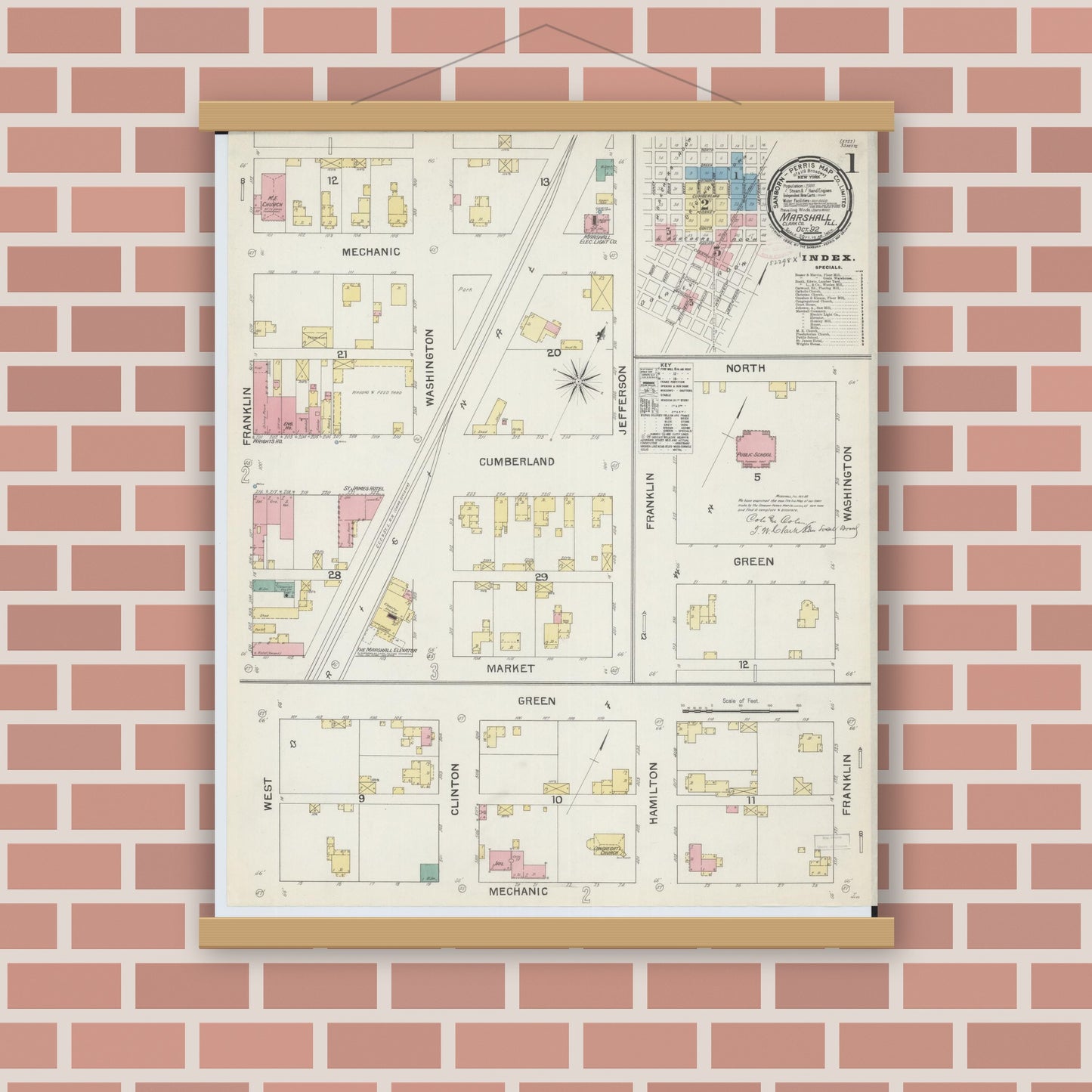 Old map wall art mockup — magnetic wood frame on brick wall — Sanborn Fire Insurance Map from Marshall, Clark County, Illinois (1892), Sheet #0001
