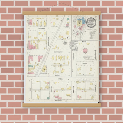 Old map wall art mockup — magnetic wood frame on brick wall — Sanborn Fire Insurance Map from Marshall, Clark County, Illinois (1892), Sheet #0001