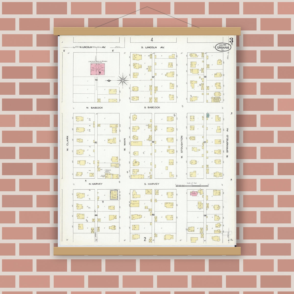 Old map wall art mockup — magnetic wood frame on brick wall — Sanborn Fire Insurance Map from Urbana, Champaign County, Illinois (1909), Sheet #0003