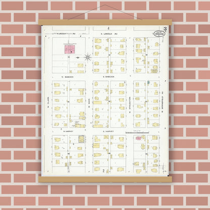 Old map wall art mockup — magnetic wood frame on brick wall — Sanborn Fire Insurance Map from Urbana, Champaign County, Illinois (1909), Sheet #0003