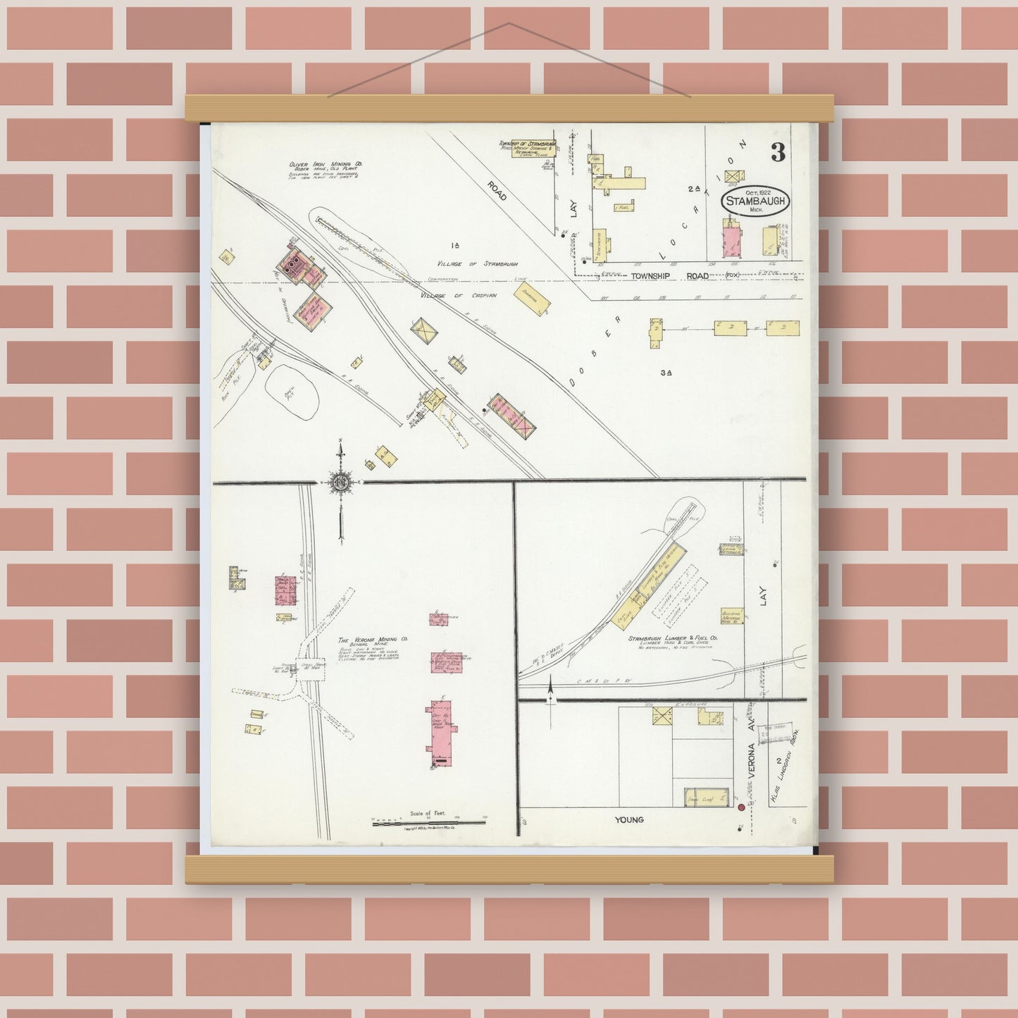 Old map wall art mockup — magnetic wood frame on brick wall — Sanborn Fire Insurance Map from Stambaugh, Iron County, Michigan (1922), Sheet #0003