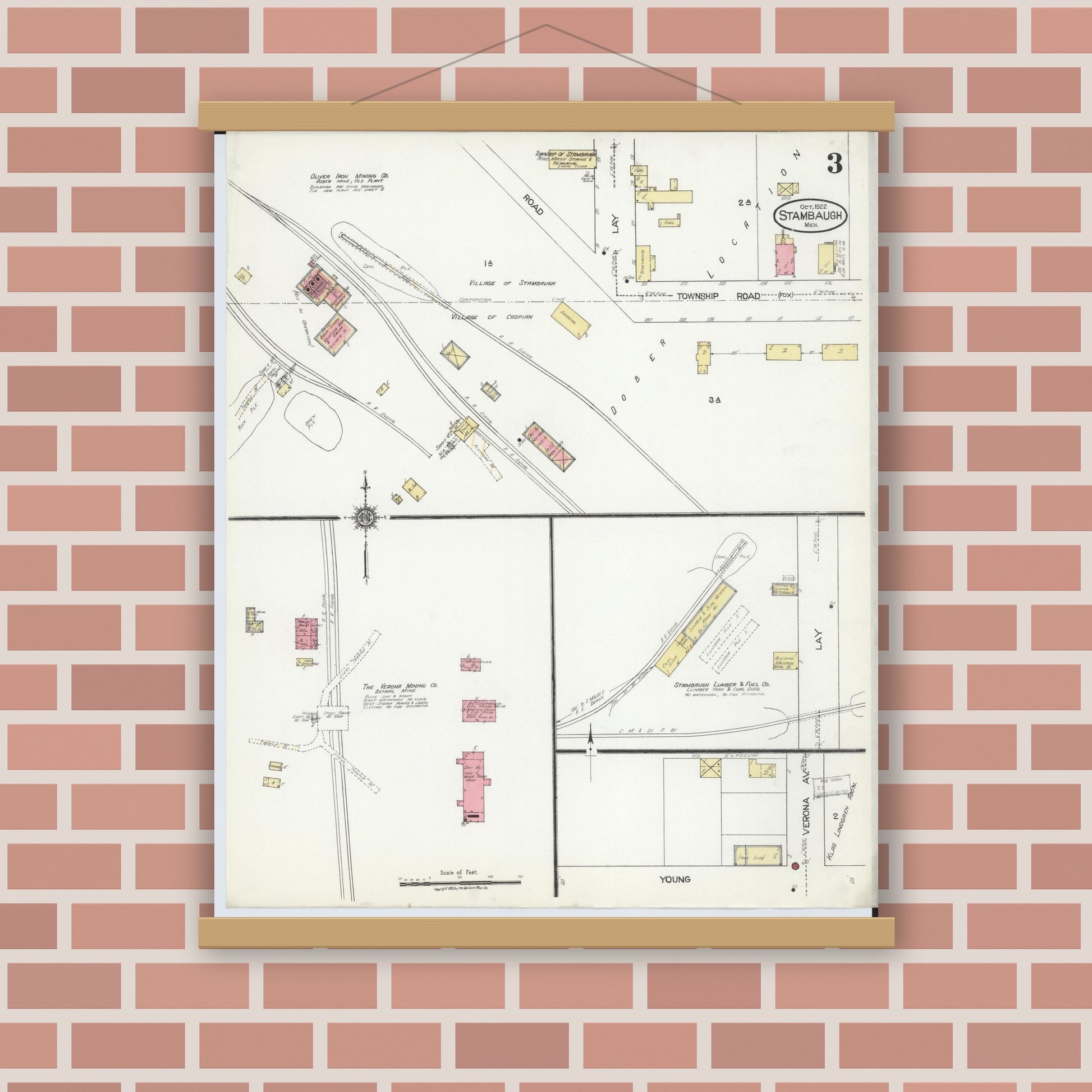 Old map wall art mockup — magnetic wood frame on brick wall — Sanborn Fire Insurance Map from Stambaugh, Iron County, Michigan (1922), Sheet #0003