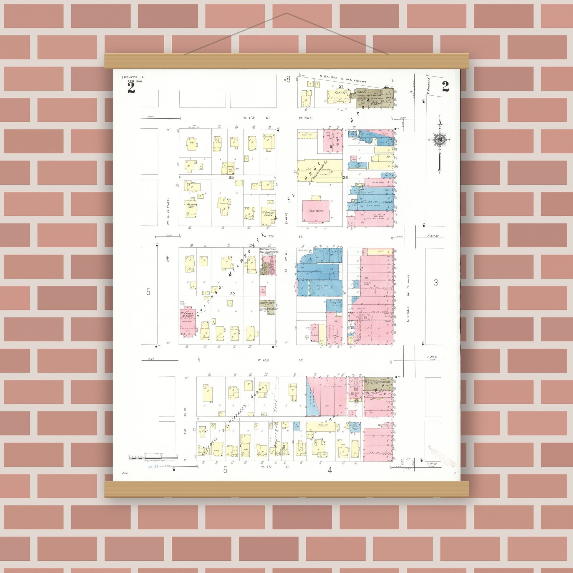 Old map wall art mockup — magnetic wood frame on brick wall — Sanborn Fire Insurance Map from Spencer, Clay County, Iowa (1941), Sheet #0002
