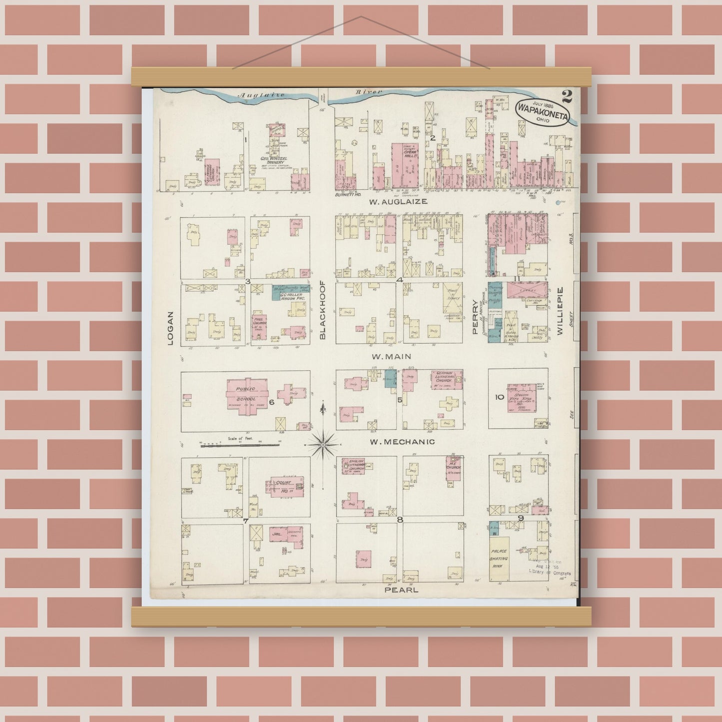 Old map wall art mockup — magnetic wood frame on brick wall — Sanborn Fire Insurance Map from Wapakoneta, Auglaize County, Ohio (1885), Sheet #0002