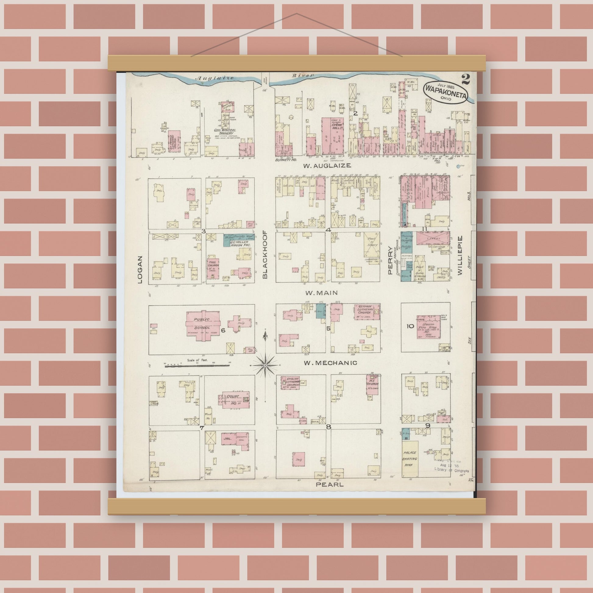 Old map wall art mockup — magnetic wood frame on brick wall — Sanborn Fire Insurance Map from Wapakoneta, Auglaize County, Ohio (1885), Sheet #0002