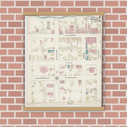 Old map wall art mockup — magnetic wood frame on brick wall — Sanborn Fire Insurance Map from Wapakoneta, Auglaize County, Ohio (1885), Sheet #0002
